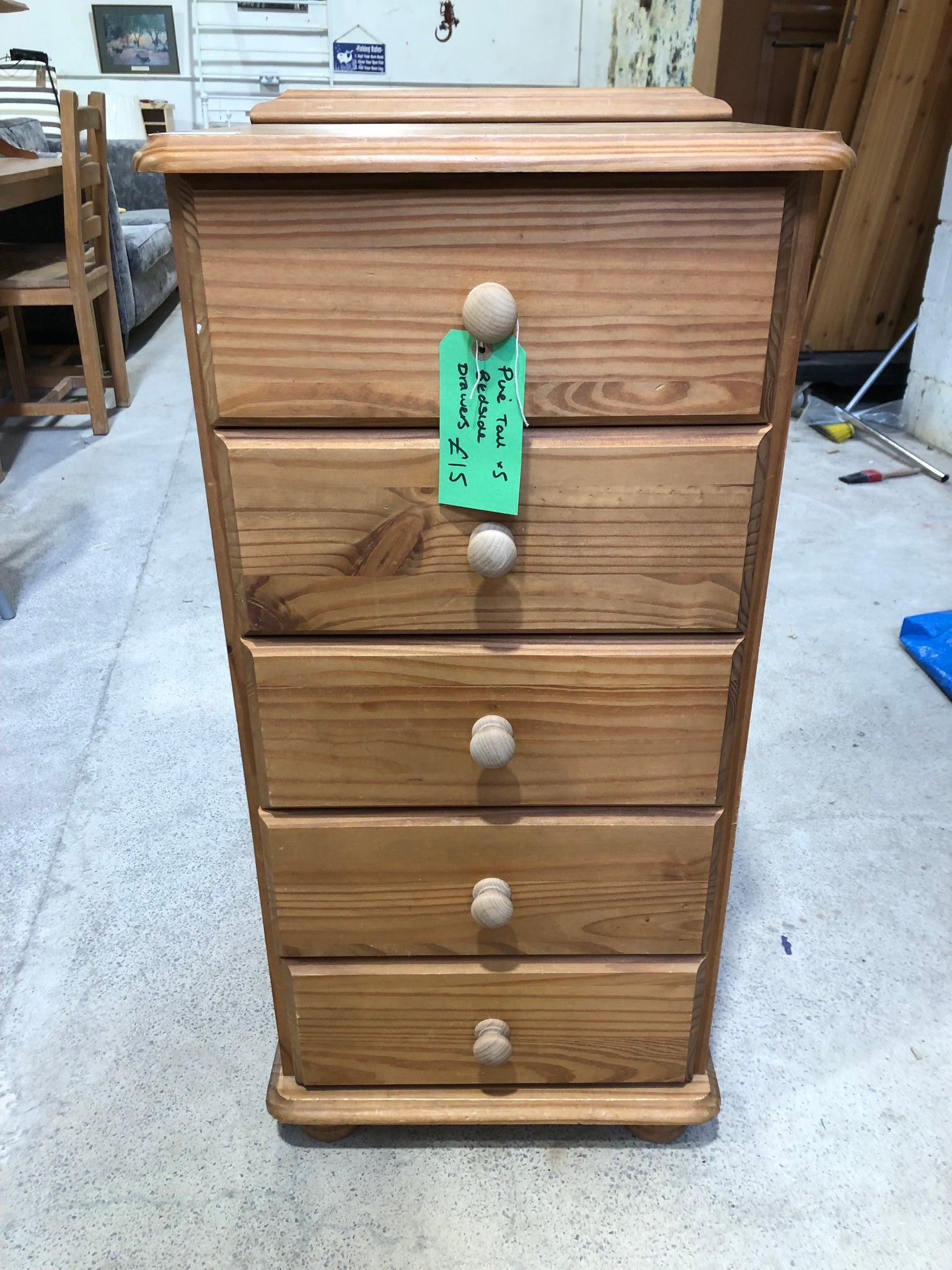 Pine Tall Bedside Chest of 5 Drawers - REF