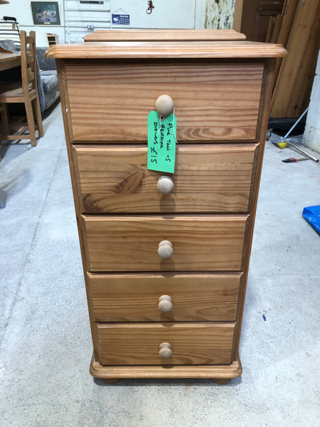 Pine Tall Bedside Chest of 5 Drawers - REF