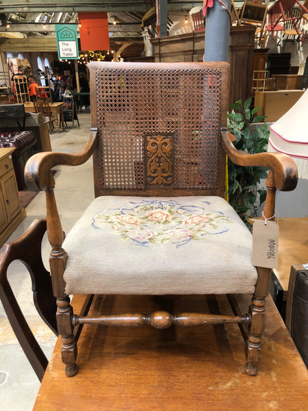 Antique Cane Back Needlepoint Seat Armchair