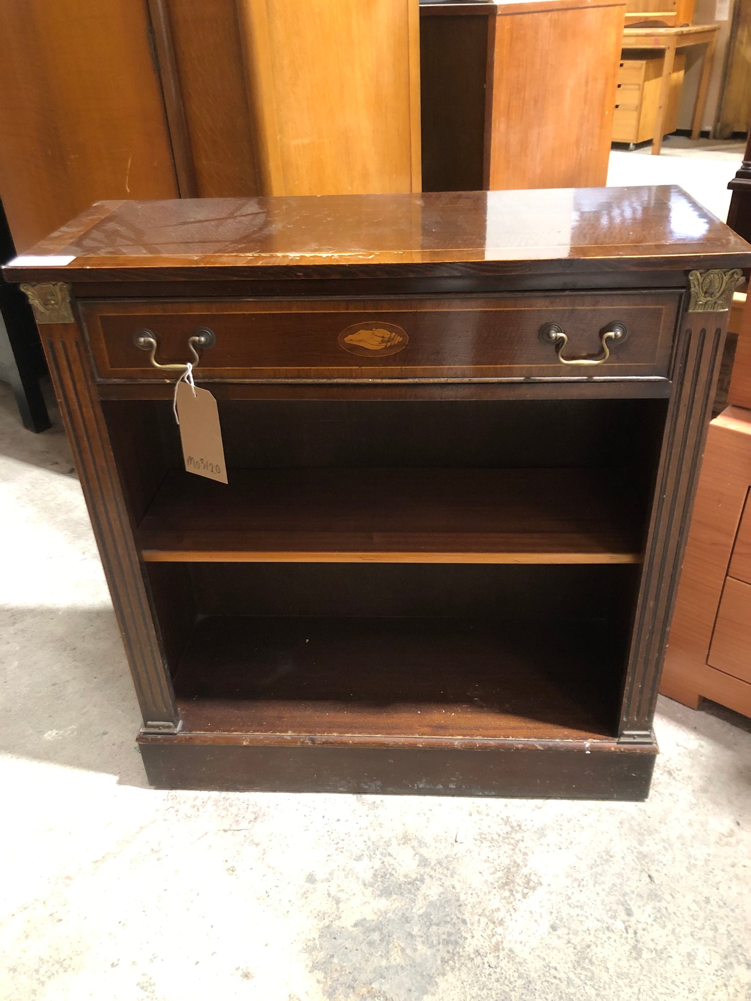 Vintage Inlaid Bookshelf with Shell and Brass Detail - GHC