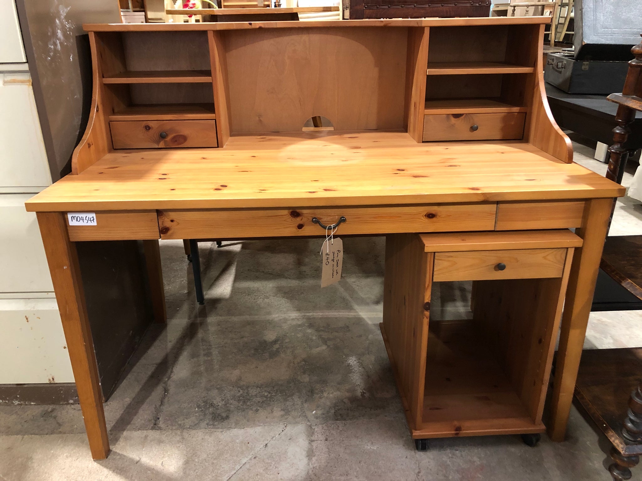 Pine Desk with Computer Storage On Wheels