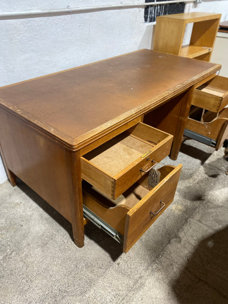 GHC - Large Vintage Oak Teachers Desk with Leather Top