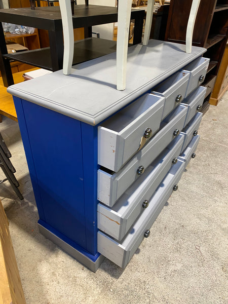 REF - Painted Grey & Blue Large Chest of Drawers