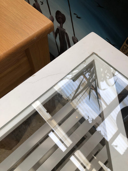 White Slatted Console Table with Glass Top