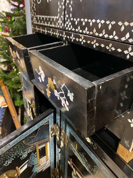 Chinese Mother of Pearl Black Lacquer Medicine Cabinet