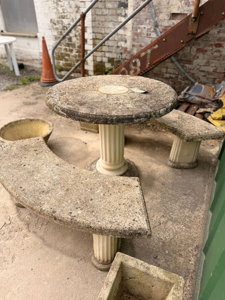 Weathered Stone Outdoor Garden Table and Two Benches
