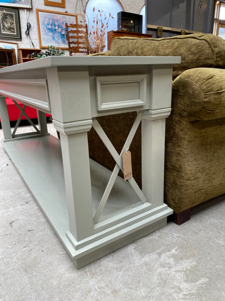 Large Sage Green Console Table with Cross Brace Design