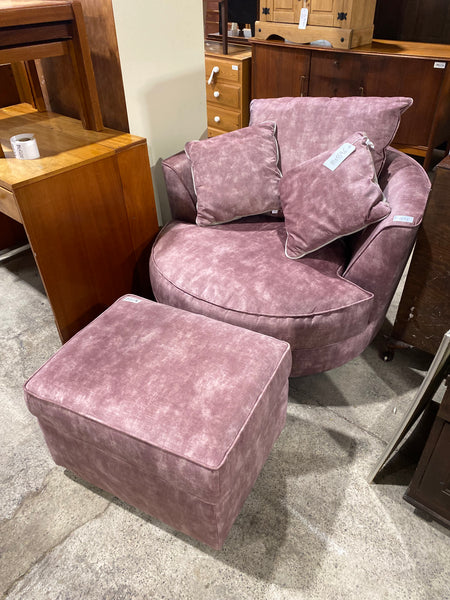 Pink Velvet Swivel Snuggle Chair & Footstool