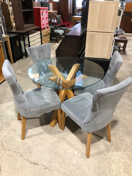 Glass Circular Dining Table & 4 Faux Suede Chairs