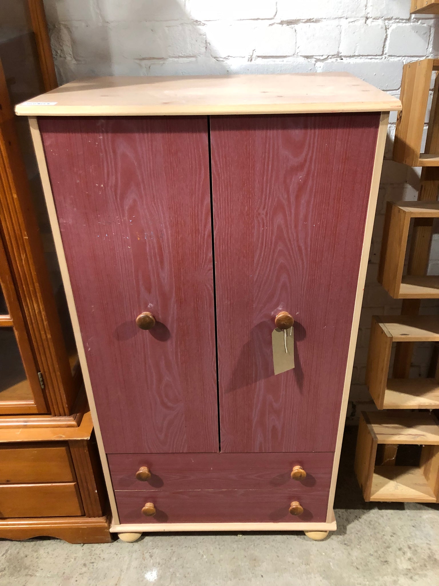 Pine Veneer Small Wardrobe with Red Doors