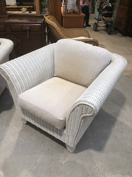 Four Piece Conservatory White wicker Sofa, Two Armchairs & Coffee Table Set