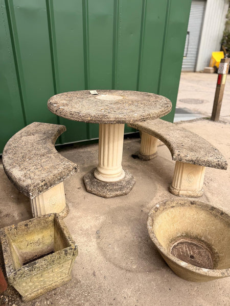 Weathered Stone Outdoor Garden Table and Two Benches