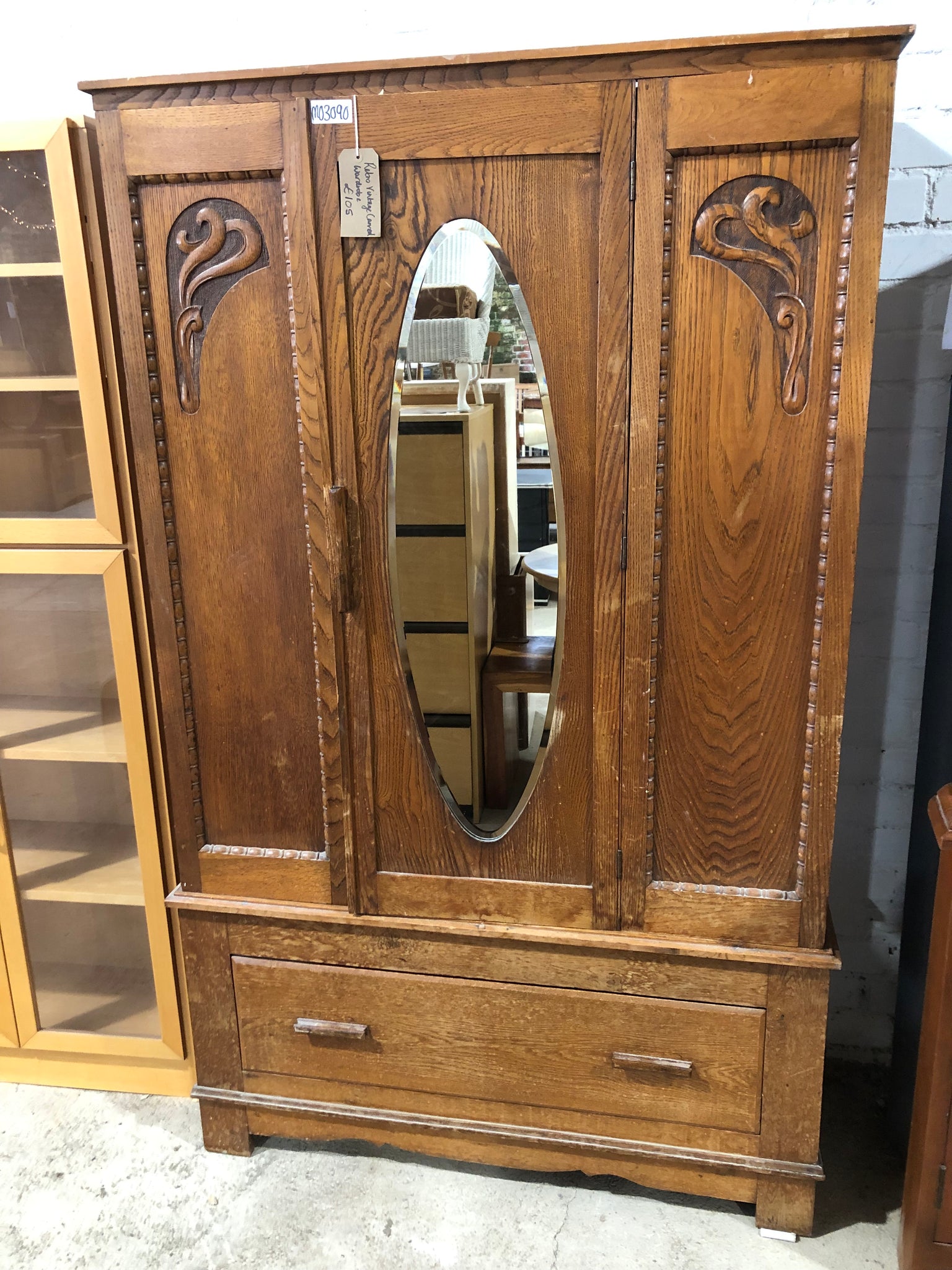 Retro Vintage Carved Oak Veneer Wardrobe with Oval Mirror
