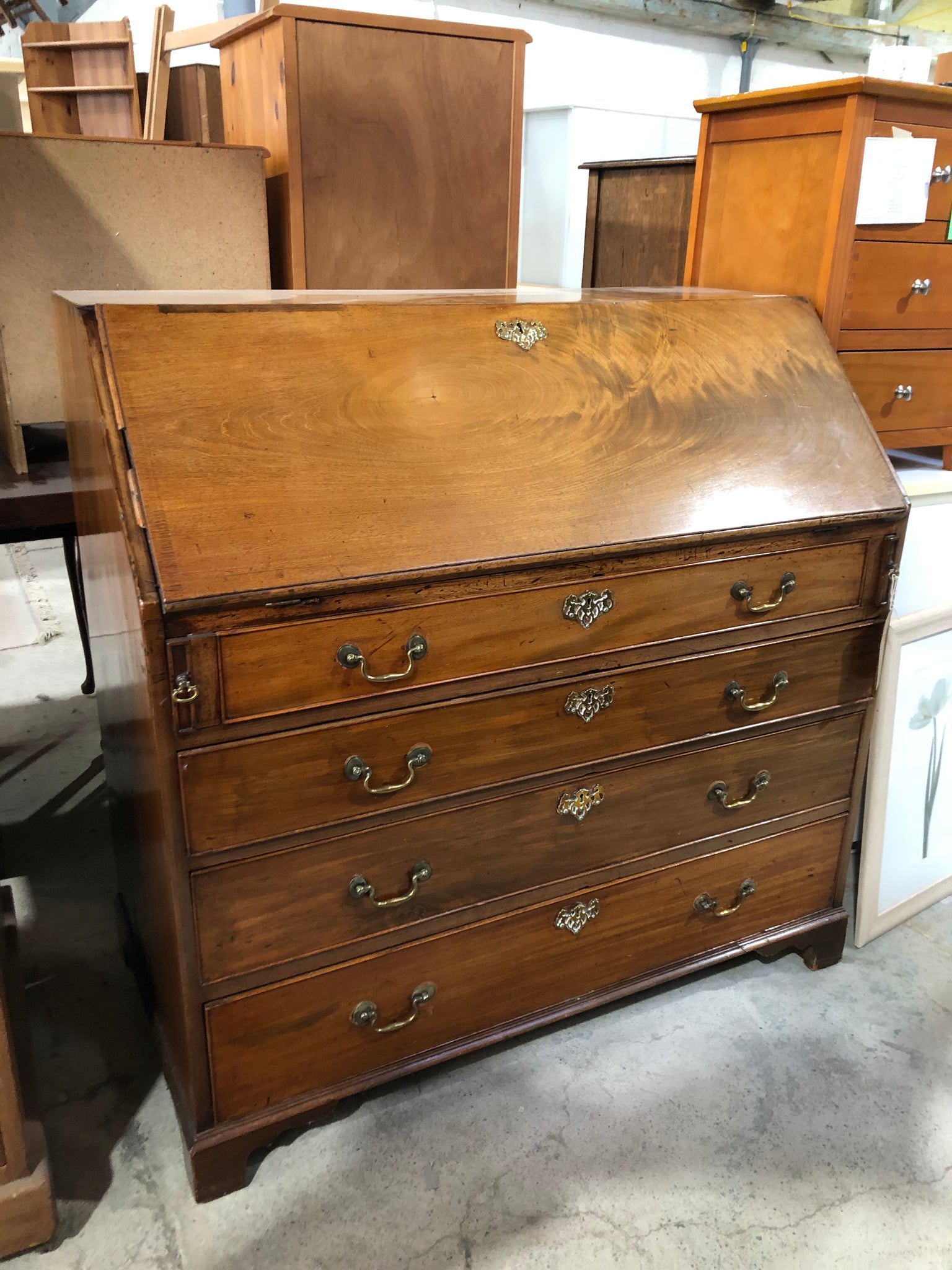 Vintage Oak Bureau with Polished Brass Hardware
