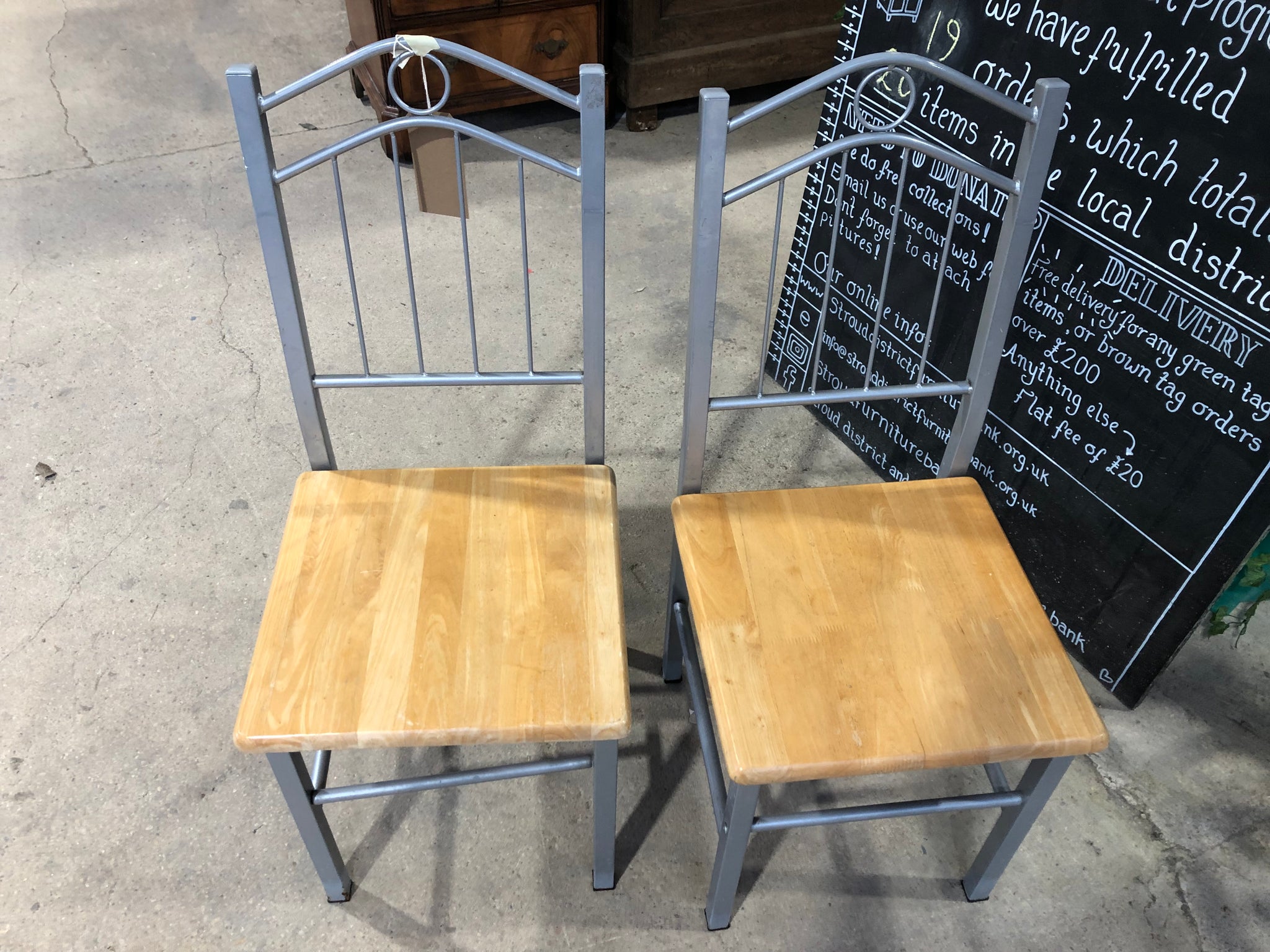 Pair metal and wood chairs
