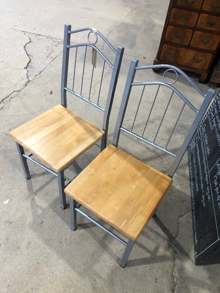 Pair metal and wood chairs