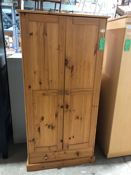 Pine Double Wardrobe with Drawer and Hanging Rail - REF