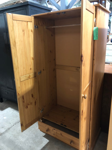 Pine Double Wardrobe with Drawer and Hanging Rail - REF