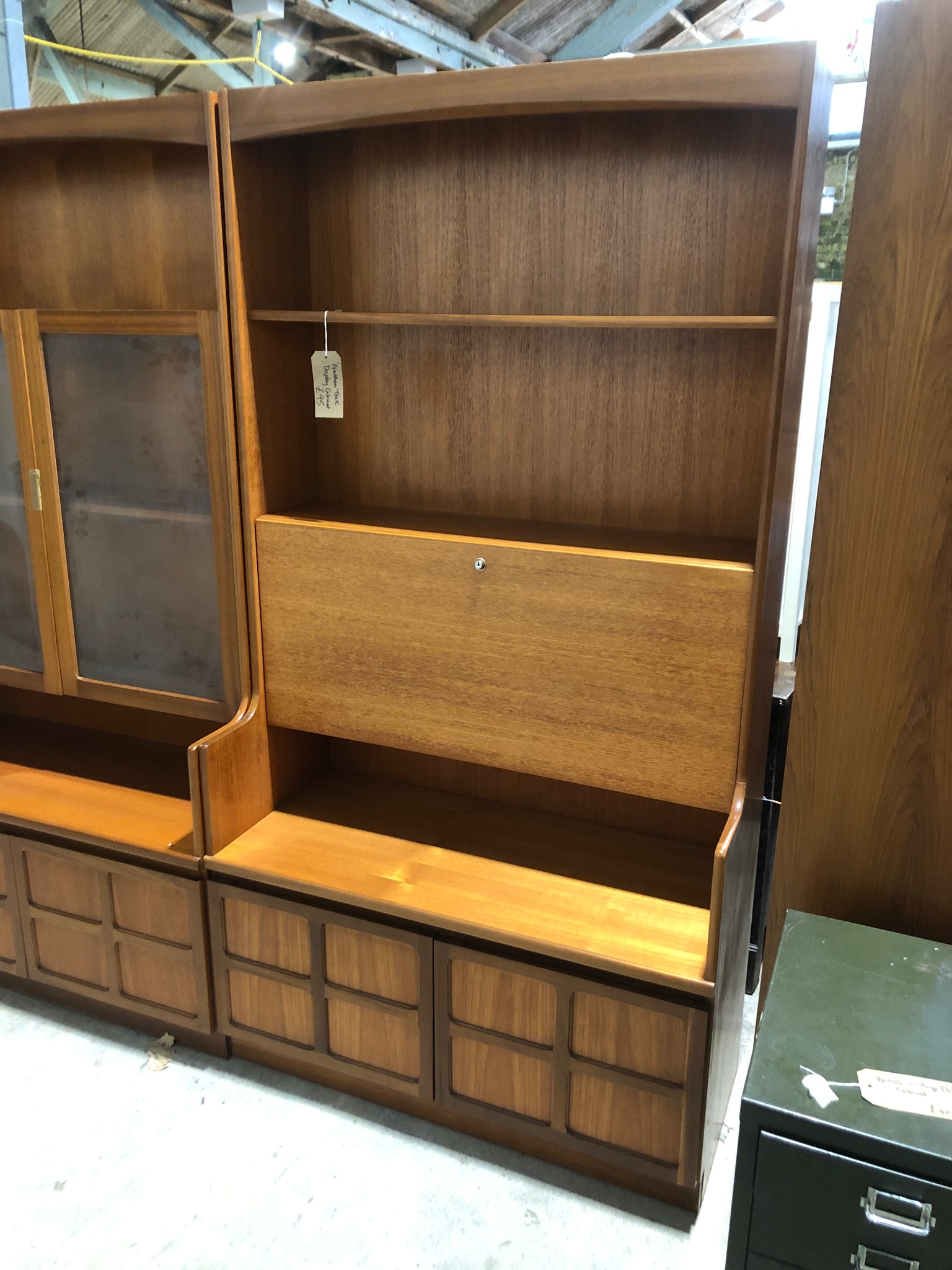 ‘Nathan’ Teak Display Cabinet With Drop Down Cupboard